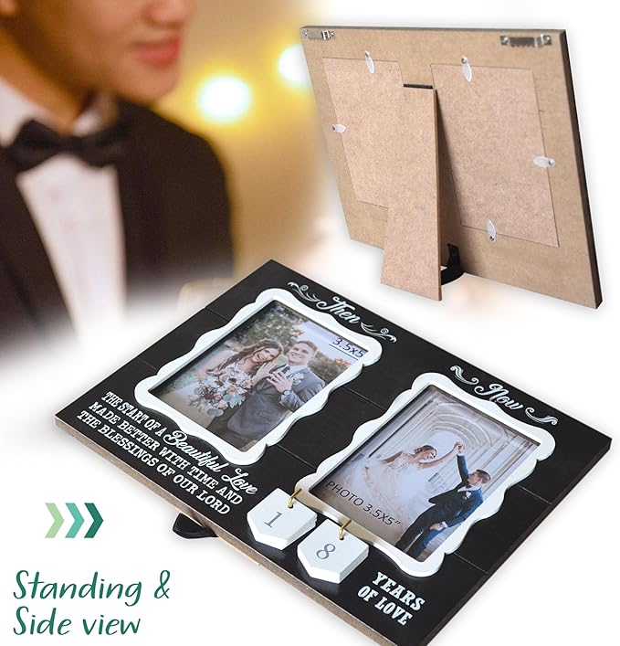Then & Now Double Picture Frame Holds 3.5x5 Inches,1-99 Years of Love Anniversary Wedding Marriage Gifts for Couples - Christian Home Bedroom Decor for Wife and Husband