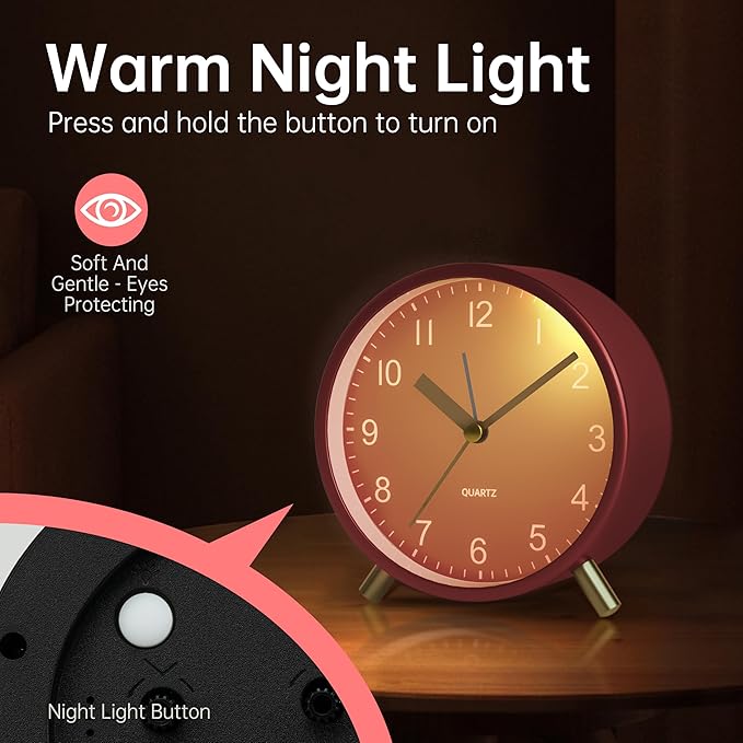 Analog Alarm Clock, 4 inch Super Silent Non Ticking Small Clock with Night Light, Battery Operated, Simple Design, easy setting for Office, Bedroom, Bedside, Desk, teens, elders, kids, adult, Red