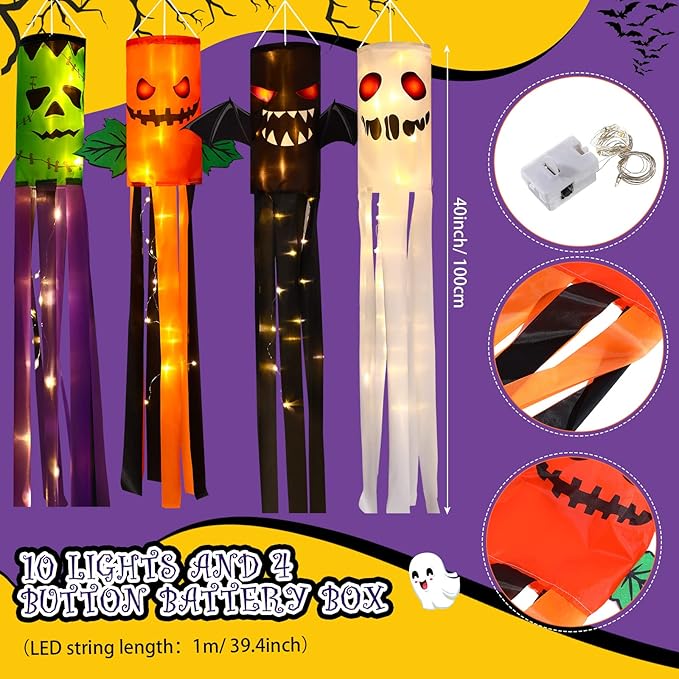 4 Pieces Halloween Windsock Flag 39 Inch Pumpkin Bat Ghost Spooky Cartoon Wind Socks Flag with LED Lights Outdoor Hanging Decoration for Home Yard Patio Lawn Garden Tree Party Decoration
