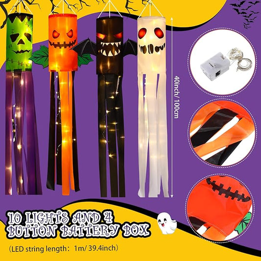 4 Pieces Halloween Windsock Flag 39 Inch Pumpkin Bat Ghost Spooky Cartoon Wind Socks Flag with LED Lights Outdoor Hanging Decoration for Home Yard Patio Lawn Garden Tree Party Decoration