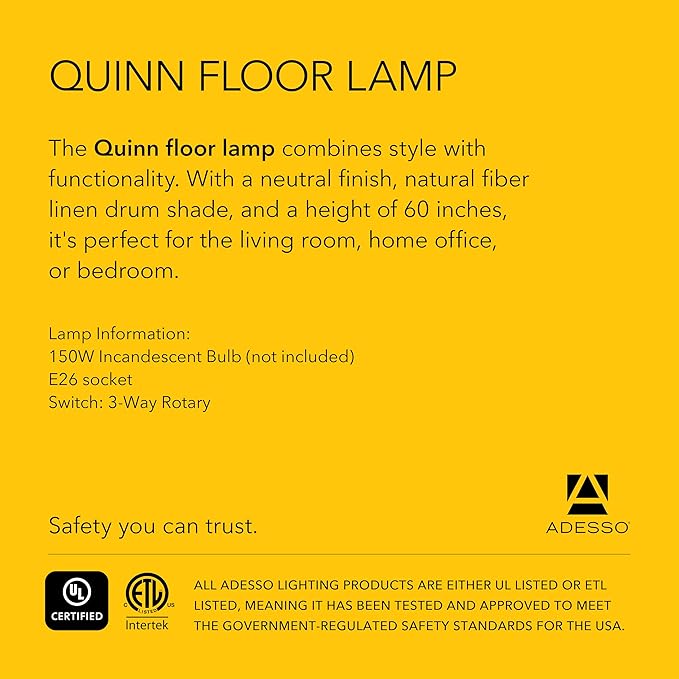 Adesso Floor Lamp with Walnut Birch Wood & Natural Linen Lampshade - 3-Way Adjustable Brightness, Lamp for Bedroom, Living Room, and House Décor, 60” x 19”