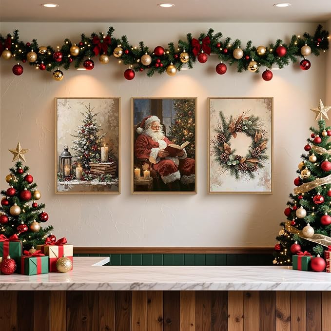 HOURIA Vintage Christmas Framed Canvas Wall Art Set,Santa Claus Reading Book Decor, Wreath Pinecone Berries Artwork,Cozy Night Tree Candle Lantern Prints for Living Room,Xmas 24"x36"x3