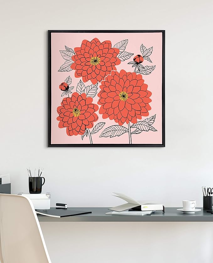 Kate and Laurel Sylvie Sketchy Dahlias Framed Canvas Wall Art by Maria Filar, 24x24 Black, Chic Floral Art for Wall