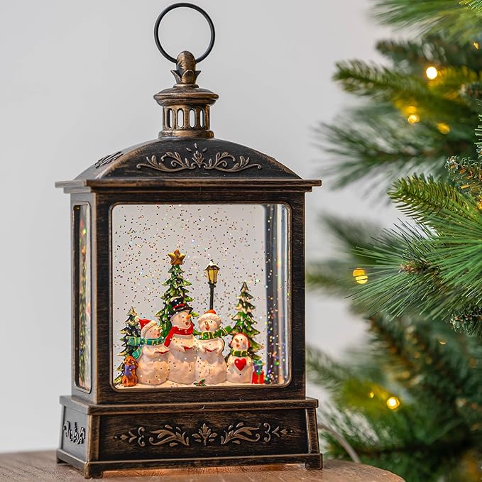 Christmas Snow Globe Swirling Glittering Snowman Choir with Music & Timer, USB Lined/Battery Operated Lighted Water Lantern for Christmas Festival Decoration Gifts