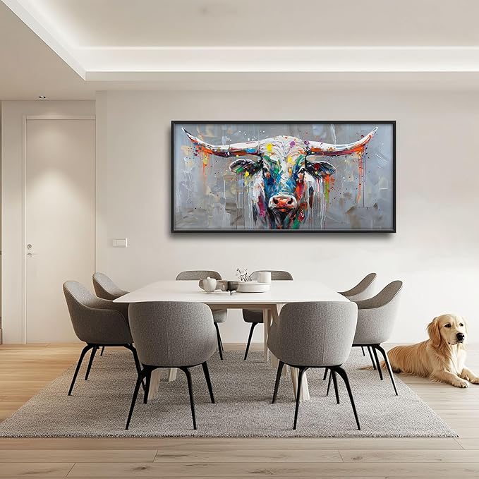 Cow Large Framed Wall Art Abstract Colorful Cow Pictures Graffiti Oversized Wall Decor Canvas Print Painting Aesthetic Modern Artwork for Living Room Bedroom Office Bathroom Home Decor 60L x30W