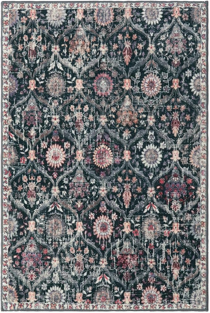 Lahome Moroccan Trellis Washable Rug, 2x3 Entryway Rugs for Kitchen Bathroom, Non-Slip Indoor Door Mat Ultra-Thin, Small Oriental Throw Carpet for Bedroom Entry, Black/Multi