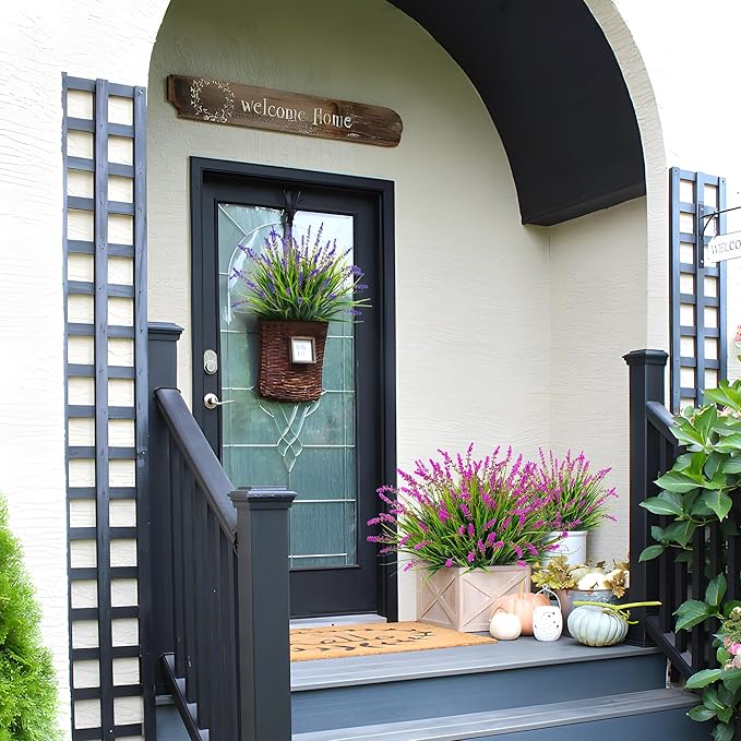 Artificial Flowers Faux Plants for Outdoor Decoration, 12 Bundles Fake Monkey Grass for Home Garden Front Porch Balcony, Lavender Flowers Shrubs UV Resistant No Fade Greenery Bush Planter (Lotus)