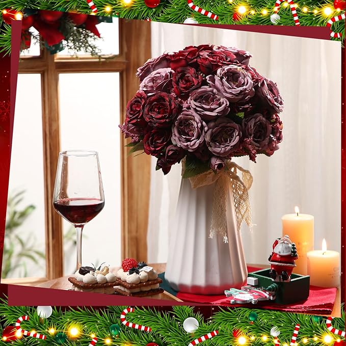 Geosar 8 Bundles Artificial Peonies Flowers Fake Silk Peony Bouquet Faux Peonies Flowers Bulk for Decoration Vase Florals Arrangements Wedding Party Table (Wine Red,Gray)