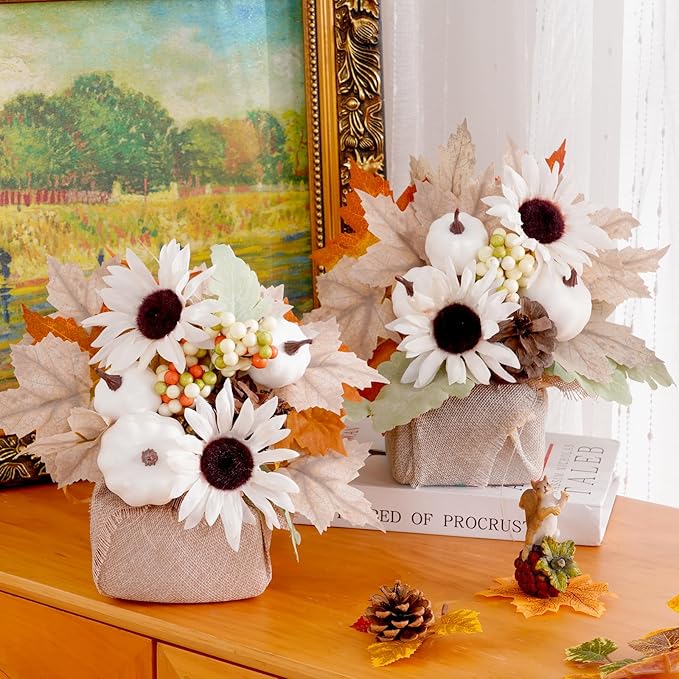 Fall Decor, Fall Decorations for Home，2Pcs Artificial Fall Flowers with Burlap Base, Fall Leaves Sunflower Decor Fall Leaves, Thanksgiving Decorations, Fall Centerpieces for Tables (White)
