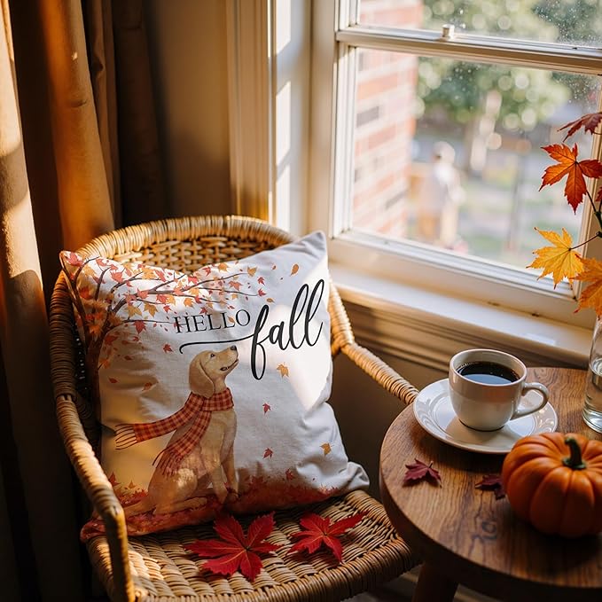 Hello Fall Dog Pillow Covers 18x18, Farmhouse Autumn Decor,Fall Autumn Maple Leaves Decorative Throw Pillow Covers for Home Bedroom Living Room,Dog Lover Gifts