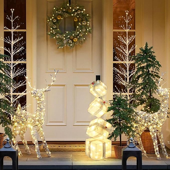 Christmas Lighted Gift Boxes Decorations Set of 4, 2.8Ft Stackable Christmas Nesting Boxes Battery Operated for Home and Party Decoration (8"-6"-5"-4", Silver Bow)