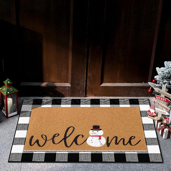 2 Pcs Christmas Door Mat Snowman Welcome Non Slip Coir Mats Merry Xmas Black White Buffalo Plaid Floor Layering Doormats Seasonal for Front Porch Entryway Decor(Snowman)