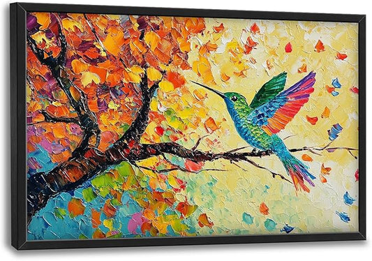 Hummingbird Framed Wall Art for Living Room, Large Bird Canvas Wall Decor, Hummingbirds on Branch Pictures Painting, Modern Artwork for Bathroom Bedroom 36L'' × 24W''