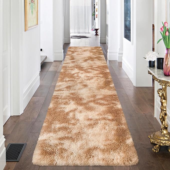 Super Soft Fluffy Living Room Area Rugs 2x8 ft Tie-Dyed Beige Shaggy Furry Carpet Washable Non-Slip Floor Rug Bedroom Bedside Nursery Rug Fuzzy Girls Boy Reduce Noise Dorm Home Decor