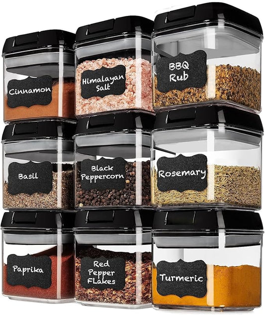 Shazo 9 PC Airtight Food Storage Containers - BPA Free Clear Plastic Snack & Spice Containers with Easy Lock Lids - Kitchen and Pantry Organization for Herbs, Coffee, Tea - 0.5L / 2.1 Cups