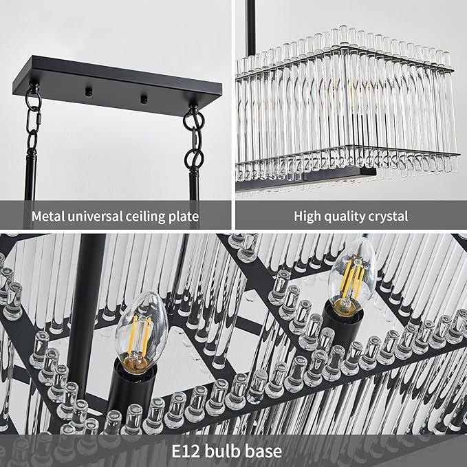 5-Light Modern Crystal Chandelier Luxury Black Dining Room Light Fixture Over Table Rectangle Farmhouse Hanging Pendant Lighting for Living Room, Kitchen Island Ceiling Lights