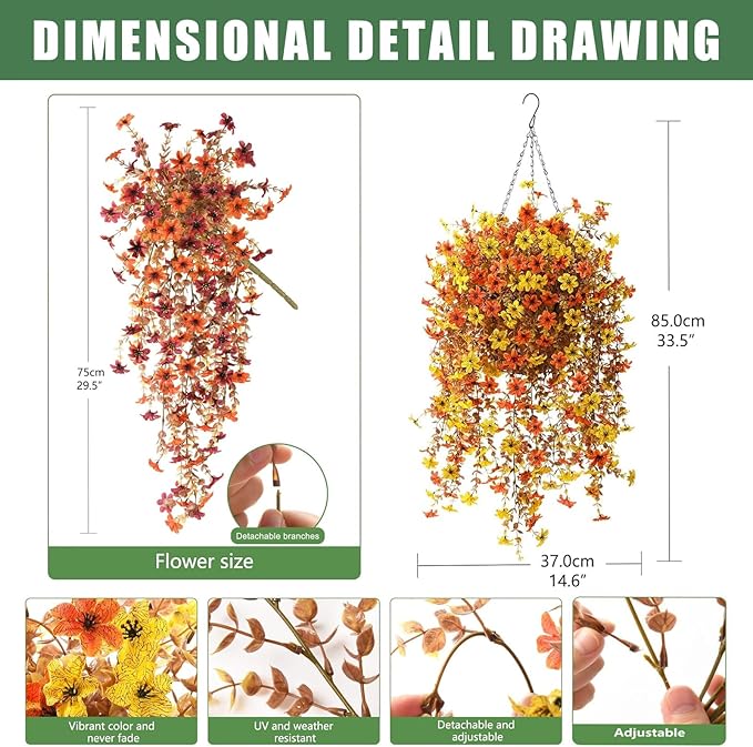 Fall Artificial Hanging Flowers for Outdoor 2 Pcs Fake Hanging Plants Autumn Decor -UV Resistant Artifical Faux Flower Silk Flowers for Indoor Planter Porch Balcony Yard Decor (Orange+Yellow)