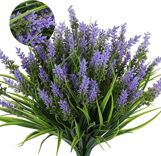 Artificial Outdoor Flowers UV Resistant Fake Outdoor Plants, Fake Monkey Grass with Flowers,Faux Greenery for Indoor Outside Hanging Plants Garden Porch Window Box Home Wedding Farmhouse Décor(Purple)