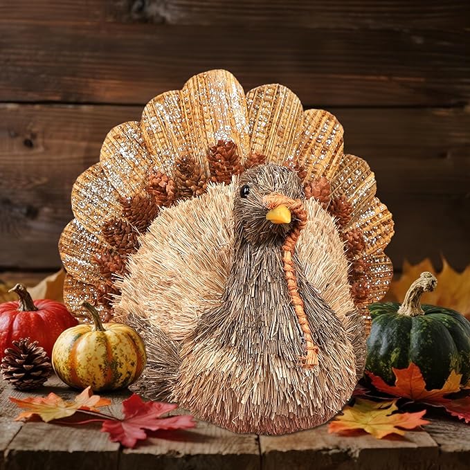 Winemana Thanksgiving Turkey Decorations Indoor, Sisal Figurines Home Centerpiece Decor, Handmade Large Turkey for Table, Office, Mantel - Fall Harvest Gifts