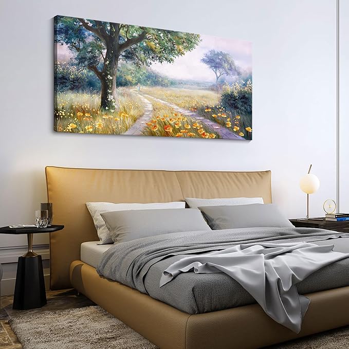 CHATYOUNG Canvas Wall Art Vintage Decor, Rustic Meadow With Wildflowers Painting Poster Prints Landscape Wall Pictures for Living Room Bedroom Bathroom Farmhouse Wall Decor 20"X40"