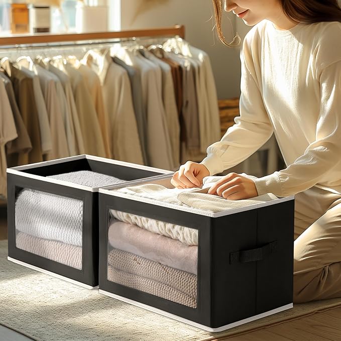 Storage Boxes with Lids - 5 Pack Foldable Clear Window Storage Bins, Large Decorative Storage Bins with Handles, Storage Containers for Clothes, Towel, Blanket, Sheet, Black