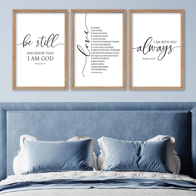 SRSZHIYUE Bible Verses Wall Decor Be Still Love Is Patient I Am With You Always 16"×11" Set of 3 Wooden Framed Scripture Living Room Wall Hanging Art (Wood)