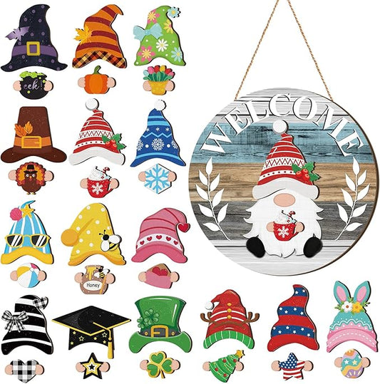 Qunclay Interchangeable Wooden Gnome Decor Holiday Seasonal Gnome Decorations with Magnet Pieces and Detachable Hats Changeable Welcome Sign for Home(Cute Style)