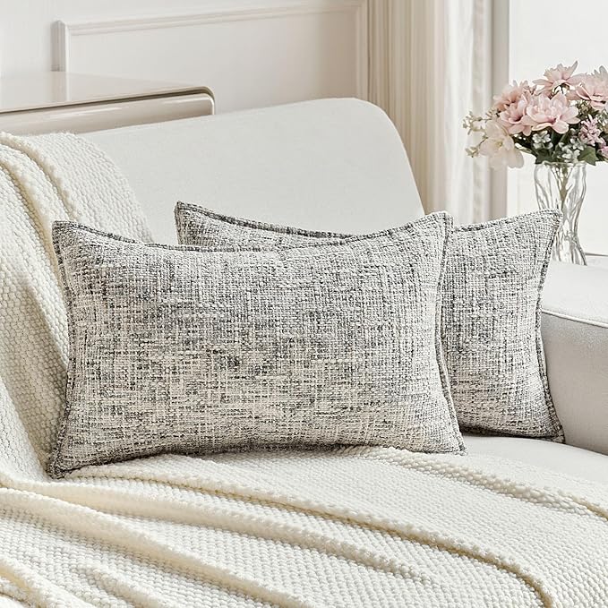 FUTEI Black Decorative Throw Pillow Covers 12x20 Inch Set of 2,Soft Chenille Tweed Textured Lumbar Pillow Case,Modern Home Decor for Couch Bed Living Room