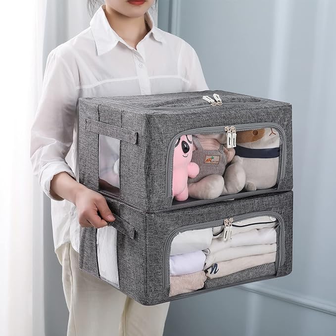 3Pack Foldable Storage Bins - Frame Storage Box Linen Fabric Stackable Clothes Container Organizer with Clear Window & Carry Handles Large Capacity (Small-22L, Dark Gray)