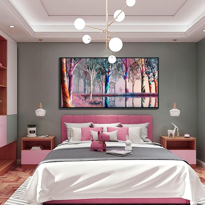 KLAKLA Extra Large Canvas Paintings Wall Art - Fantasy Wooded Wild Lakes Red Pink Room Decor Rainbow Artwork Framed Picture for Living Room Bedroom Decoration