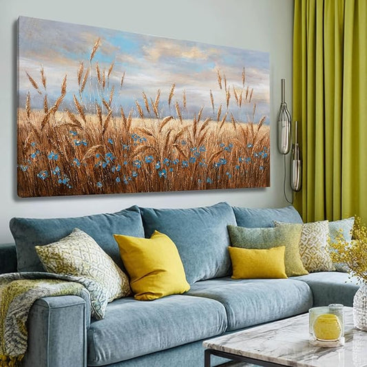 GAIDUOMAI Flowers Wall Art Gold Cornfield Artwork Blue Sky Landscape Wall Decor Vintage Posters for Room Decor 24"x48" Wall Prints for Office Home Bedroom