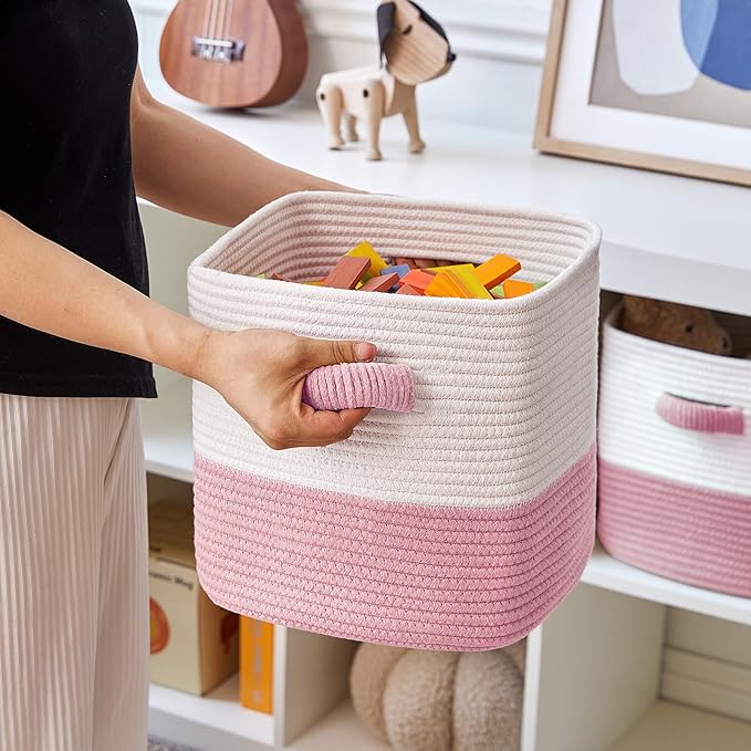 Storage Cube Baskets for Organizing 11 inch-3 Pack- Square Baskets for Cube Storage, Closet Storage Bins - Woven Cube Storage Bins for Shelves- Cube Drawer- Ideal for Toy Storage White & Pink