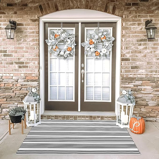 OJIA Outdoor Area Rug 4'x6', Black and White Outdoor Rug Machine Washable Patio Rugs Cotton Hand Woven Door Mats Indoor Outdoor Striped Rugs for Front Porch/Deck/Backyard/Living Room