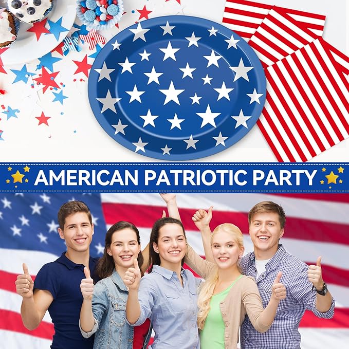 Patriotic Oval Paper Plates 11inch 4th of July American Flag Paper Plate and Napkin, Dish Tray Independence Party Decoration Supplies for Veterans Election Day Memorial Day Tableware, 25 Guest