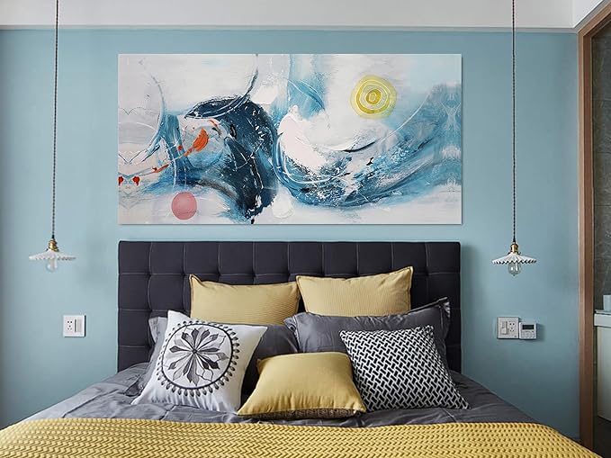 Ardemy Abstract Wall Art Canvas Modern Textured Teal White for Living Room Painting, Wall Art for Living Room Picture Bedroom Large Artwork Framed Home Office Kitchen Bathroom Wall Decor, 40"x20"