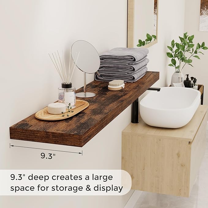 48 Inch Floating Shelves, 9.3 Inch Deep Floating Shelf for Wall, Rustic Wood Wall Shelves 48 x 9.3 x 1.5, Large Bathroom Shelf 48 Inch, Deep Shelves for Kitchen, Bedroom, Rustic Brown Color, 2 Pack