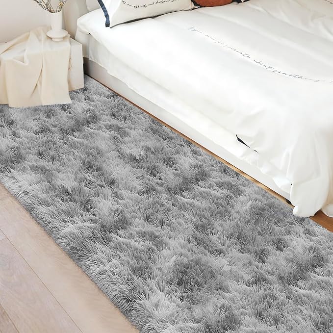 Super Soft Fluffy Living Room Area Rug 3x10 ft Tie-Dyed Light Grey Shaggy Furry Carpet Washable Non-Slip Floor Rugs Bedroom Bedside Nursery Rug Fuzzy Boys Girls Dorm Home Decor Aesthetic