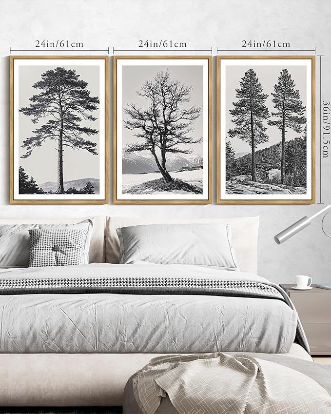 KUVIOKE Vintage Black Gray Forest Wall Art Framed Antique Retro Tree Prints Modern Rustic Artwork Bedroom Living Room Ready to Hang 24x36in (Natural Framed)