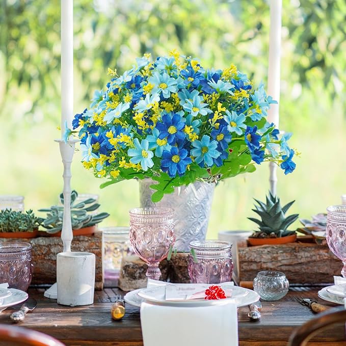Uieke Artificial Fake Flowers, 6 Bundles Daisy Mums Flowers Outdoor UV Resistant No Fade Greenery Shrubs Plants Indoor Outside Hanging Planter Home Wedding Office DIY Garden Porch Décor (Blue)