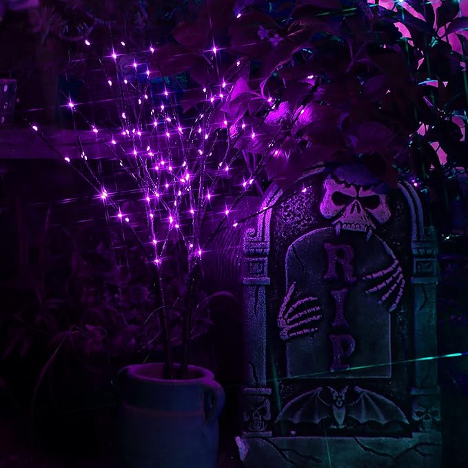 Lighted Halloween Tree Branches, 30IN 100LED Artificial Black Twig Branch with Purple Fairy Lights, Built-in Timer & Battery Operated, Waterproof for Indoor Outdoor Office Bedroom Party Decorations