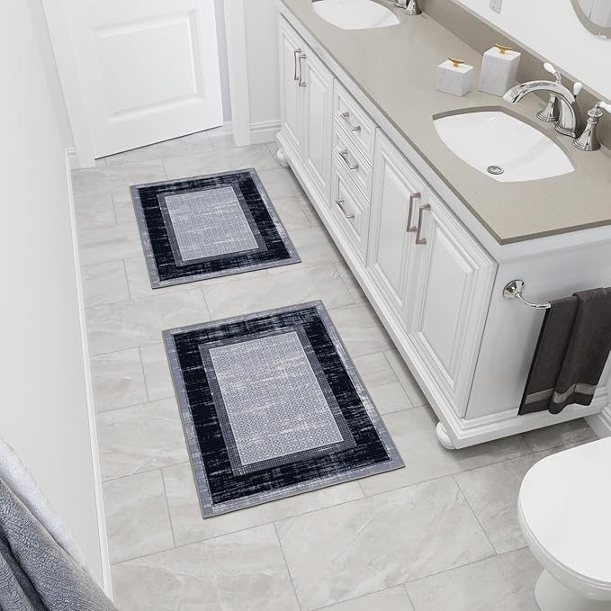 Ottomanson Rugs for Entryway 2'3" x 3' - 2 Pack Non Slip Border Small Area Rugs Durable Front Door Mat Rug Stain Resistant Entrance Rugs for Bathroom Kitchen Bedroom & Living Room, Gray/Navy