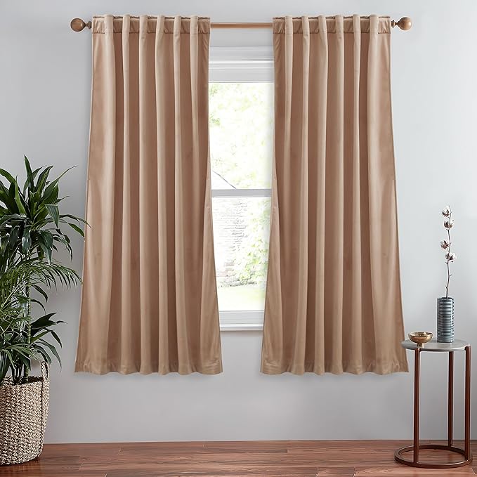 StangH Soft Beige Blush Velvet Curtains Light Dimming for Girls Bedroom, Luxury Look Solid Window Treatment Thermal Insulated Energy Efficient for Kitchen/Laundry, W52 x L63, 2 Panels