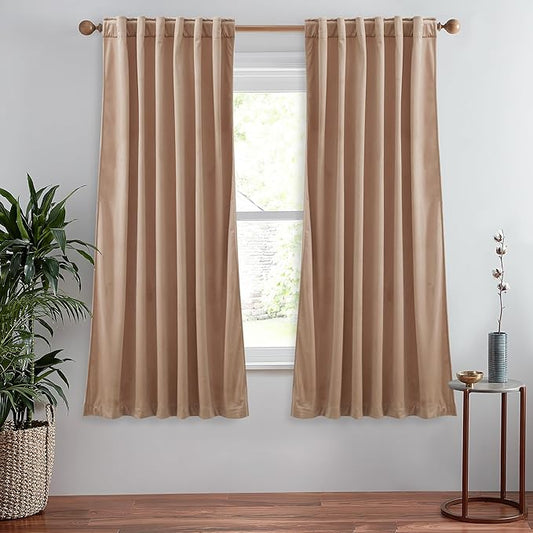 StangH Soft Beige Blush Velvet Curtains Light Dimming for Girls Bedroom, Luxury Look Solid Window Treatment Thermal Insulated Energy Efficient for Kitchen/Laundry, W52 x L63, 2 Panels
