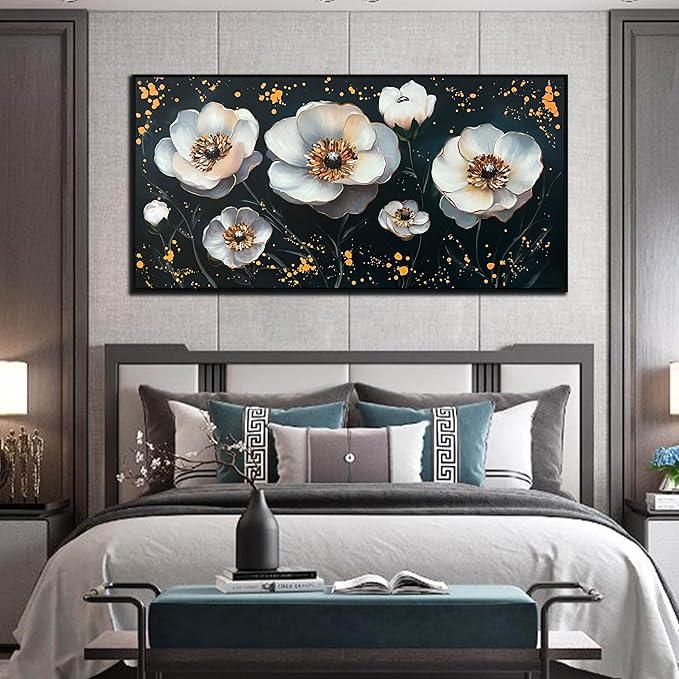 CIRABKY Gold and White Flower Hand Painted Wall Art for Bedroom - Black and White Art Pictures for Wall in Living Room - Big Picture Frames for Wall Size 29" x 59"