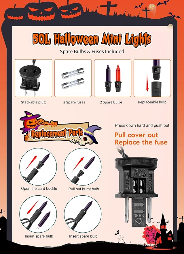 Halloween Mini Lights, 50 Count 13 Feet Incandescent Bulb Mini String Lights, Connectable Halloween Lights for Haunted House Ghost Party Holiday Window Indoor Outdoor Decoration, Orange & Purple