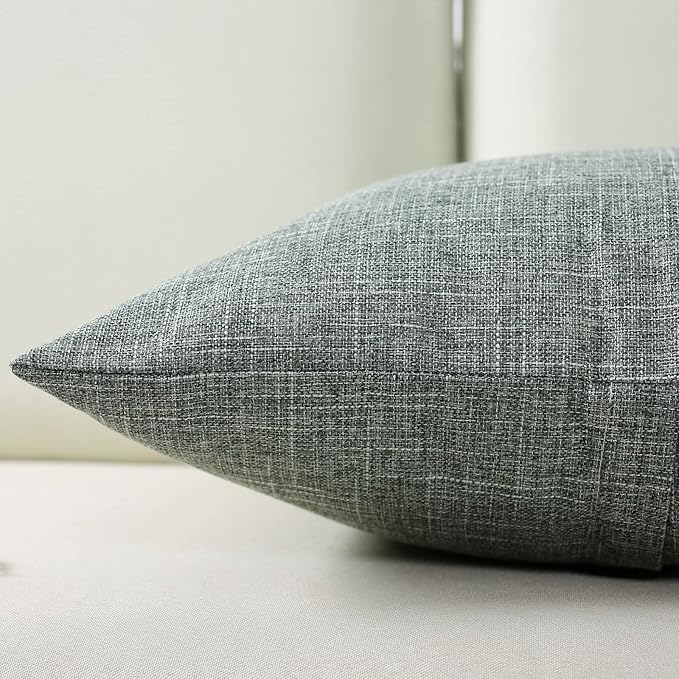 HAUSSY Sage Green Linen Decorative Throw Pillow Covers 20x20 Inch Set of 2,Square Cushion Case with 3 Vintage Buttons,Modern Farmhouse Home Decor for Couch,Bed