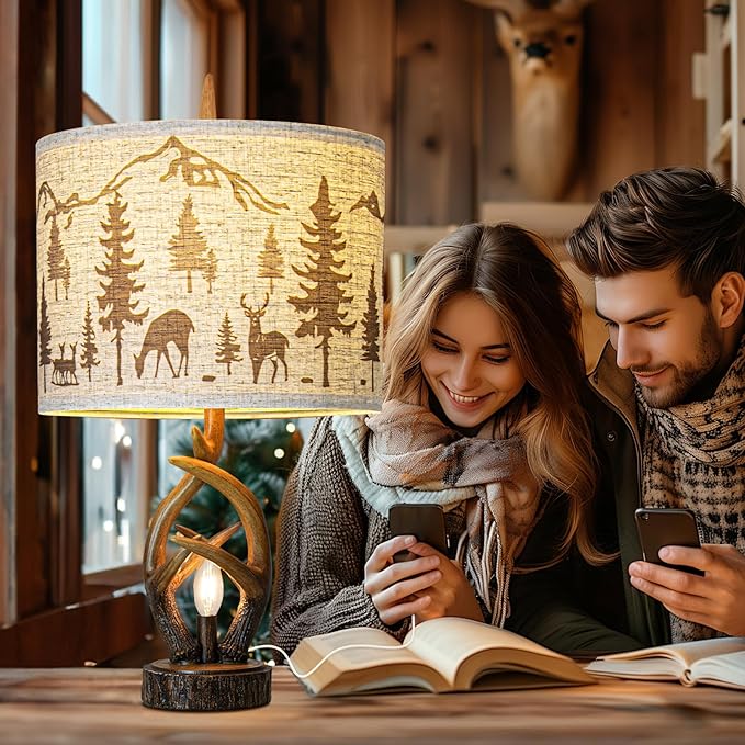 Farmhouse Deer Antler Table Lamp Set of 2 For Living Room with USB Ports, Rustic Bedside Lamp with Nightlight For Bedroom, linen Fabric Shade Vintage Nightstand Lamps For Hotel Bar Country House