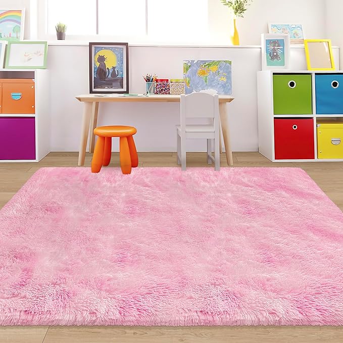 Tie-Dye Pink Fluffy Rug for Bedroom 4x6ft Soft Shag Area Rug Mat Bedside Throw Rug for Living Room Kids Room Boys Teens Nursery Baby Dorm Office Home Decor Aesthetic Carpets