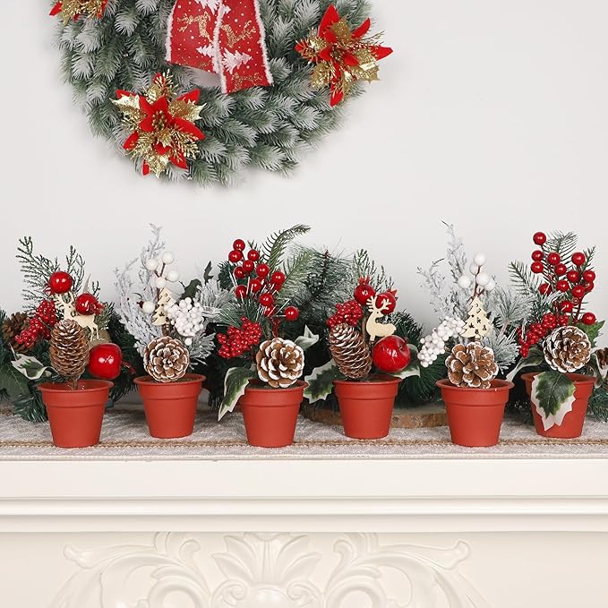 winemana Mini Christmas Tree Table Decorations, 6 Pcs Small Artificial Tree with Pine Cones & Red Berry, Holiday Tabletop Centerpiece for Home Kitchen Room Mantel Winter Party Decor