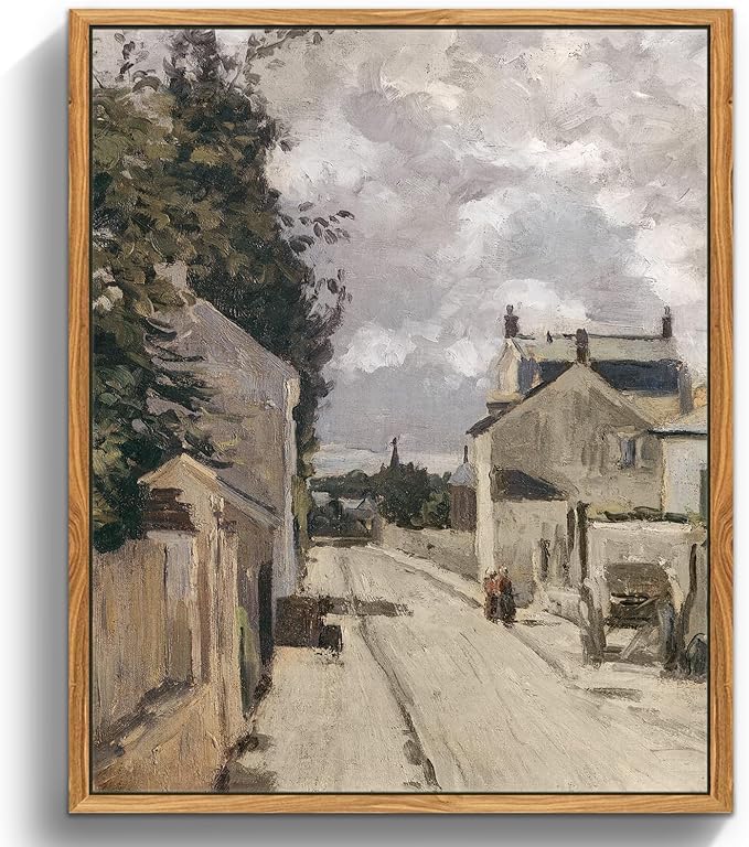 crmotu Framed Canvas Wall Art, Country Street Landscape Art Prints, Old Architecture Vintage Decor Pictures, Retro Scenery Wall Paintings for Living Room Bedroom Kitchen Rustic Farmhouse Decor 12x16in